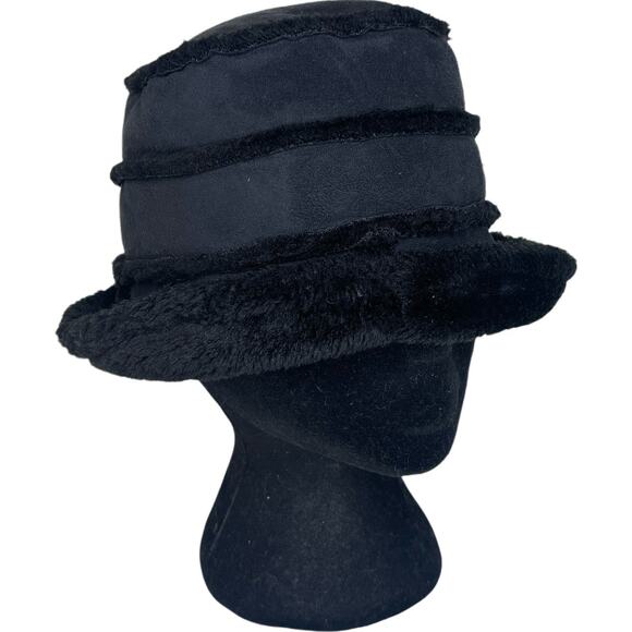 Black Faux Suede Faux Fur Trimmed Bucket Hat Y2K Whimsigoth Patchwork Rave Vampy - Picture 1 of 6